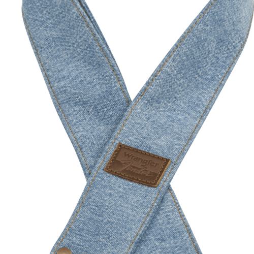 Fender x Wrangler Riveted Denim Guitar Strap in Light Indigo in stock