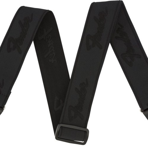 Fender WeighLess 2" Running Logo Strap in Black/Black in stock