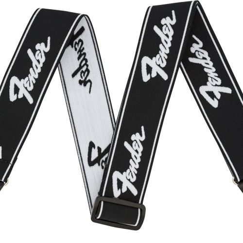 Fender WeighLess 2" Running Logo Strap in Black/White in stock