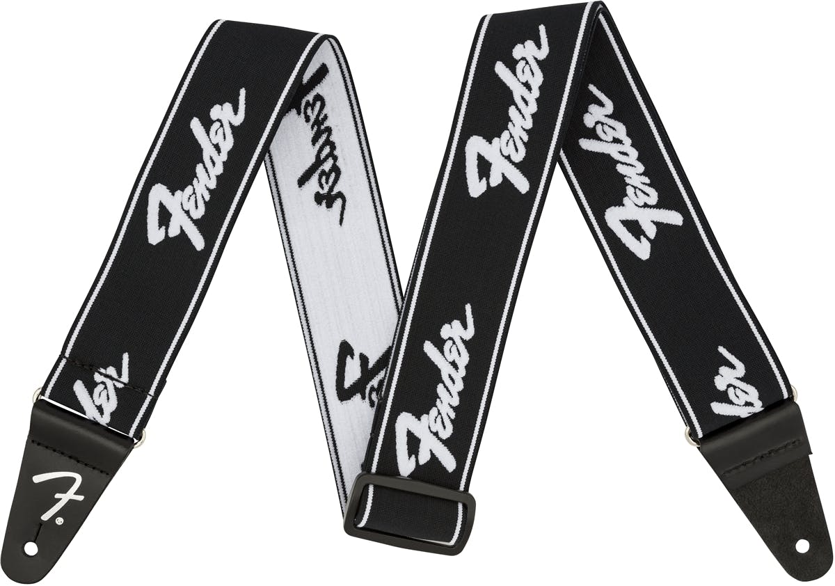 Fender WeighLess 2" Running Logo Strap in Black/White in stock