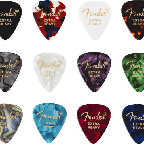 Fender 351 Shape Celluloid 12 Pick Medley Extra Heavy in stock