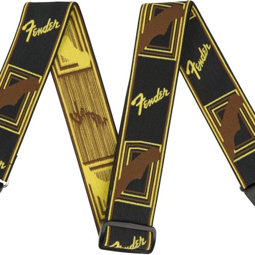Fender WeighLess 2 inch Mono Strap, Black/Yellow/Brown in stock