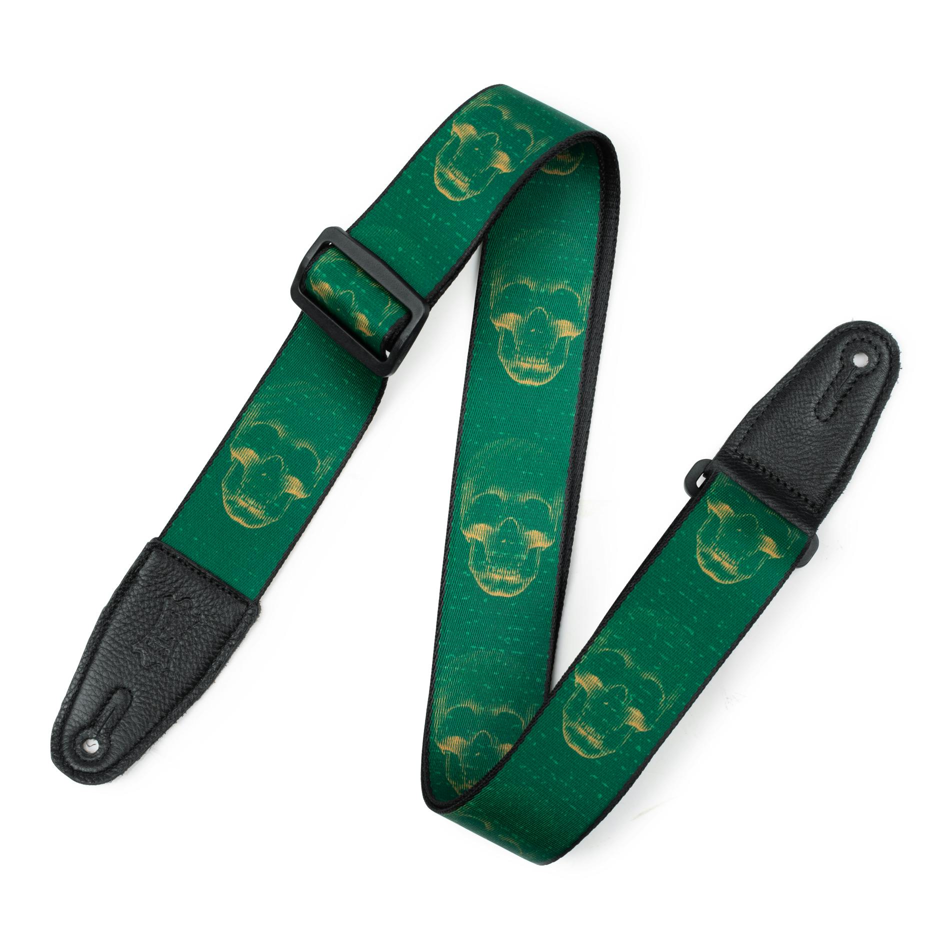 Levy Prints Polyester Guitar Strap in Green Mustard Skull in stock