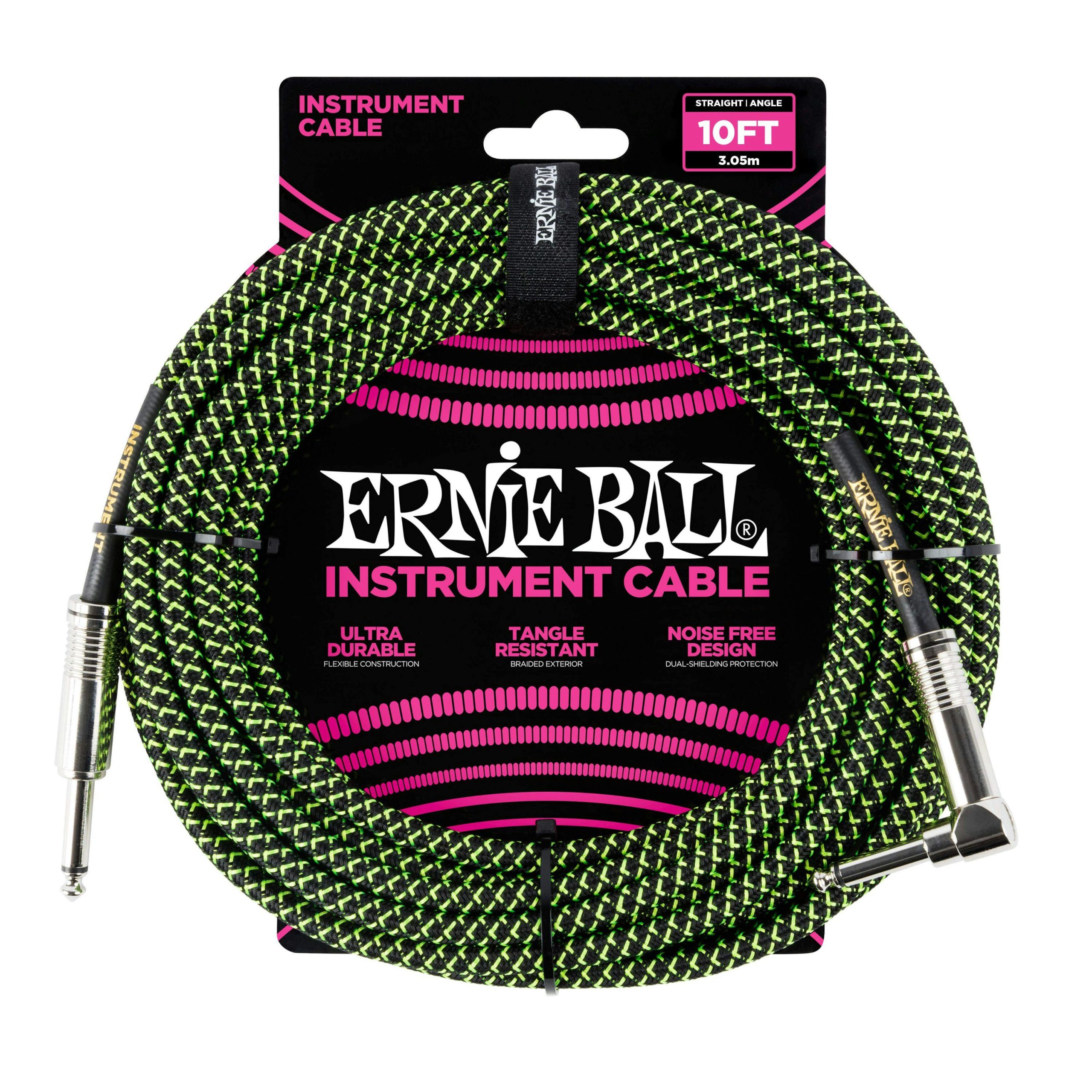 Ernie Ball 10 ft Guitar Cable in Black & Green with Straight Jack to Angled Jack in stock