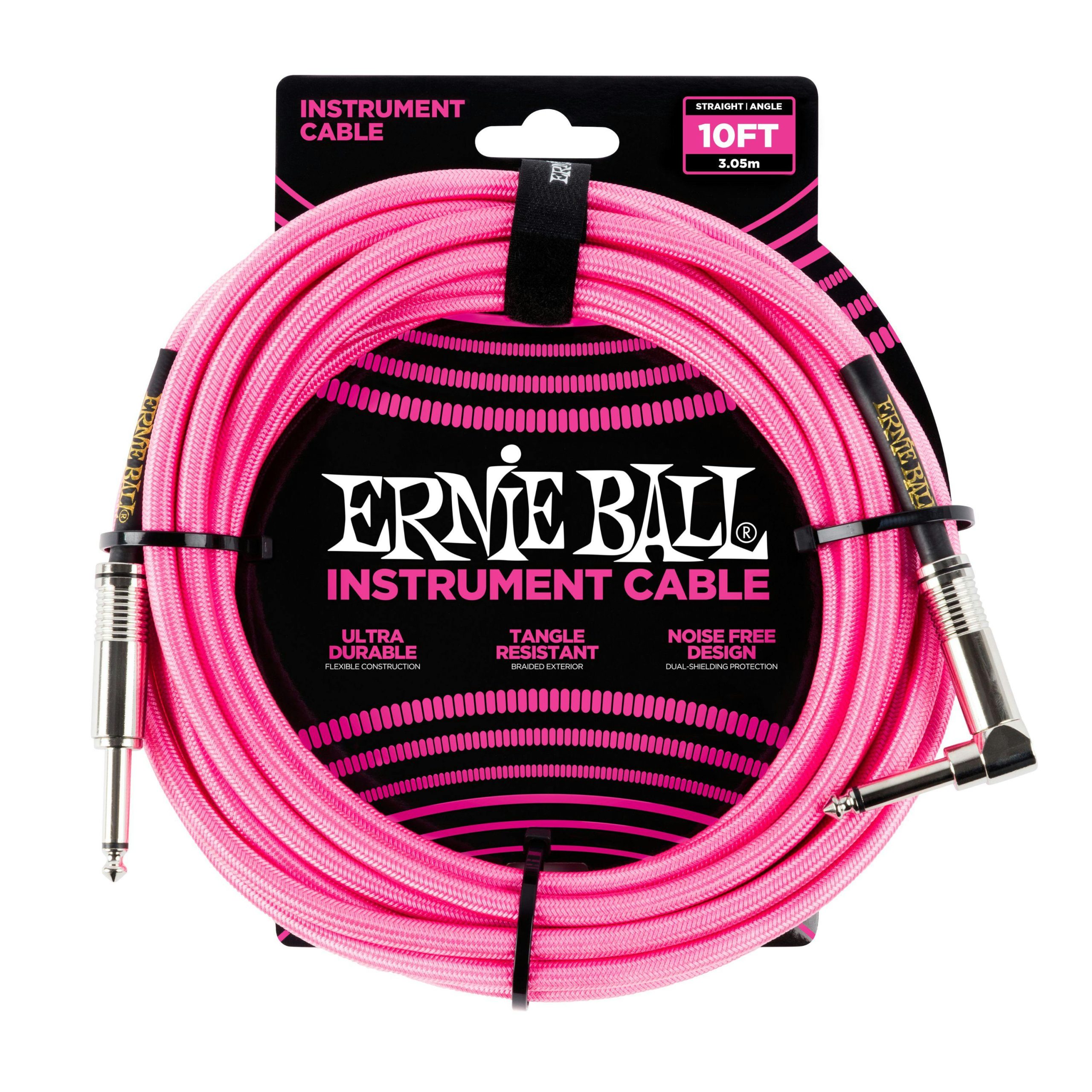 Ernie Ball 10 ft Guitar Cable in Neon Pink with Straight Jack to Angled Jack in stock