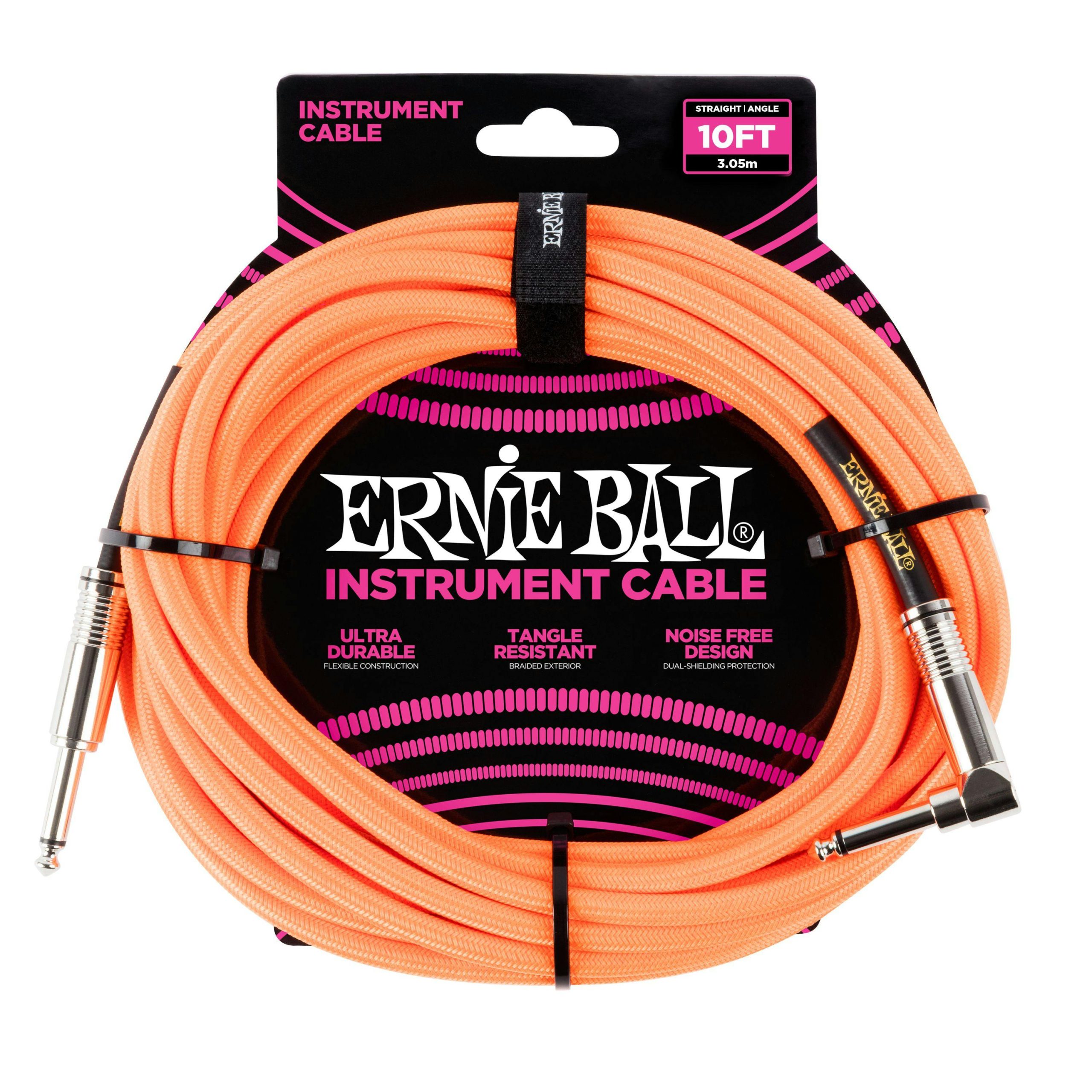 Ernie Ball 10 ft Guitar Cable in Neon Orange with Straight Jack to Angled Jack in stock