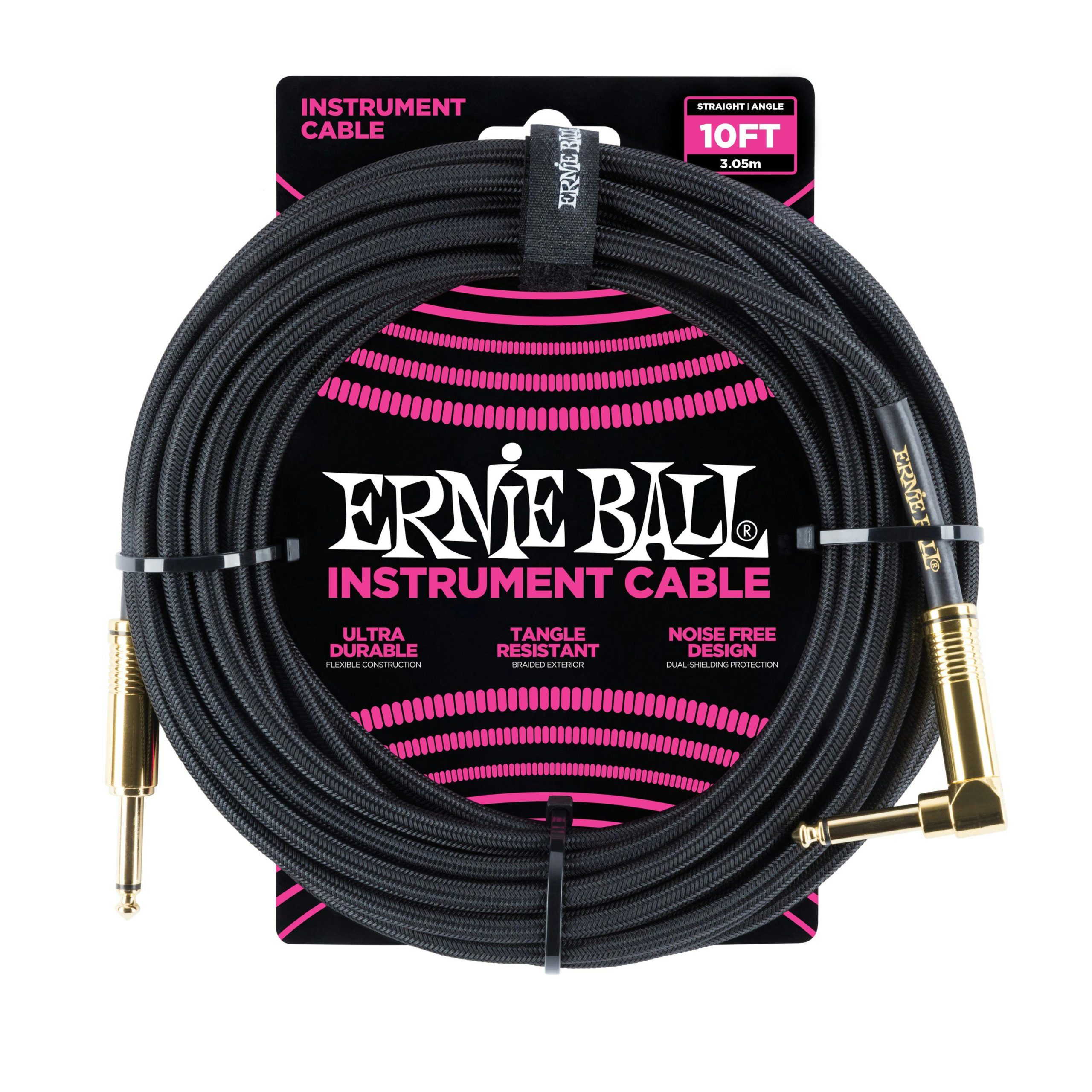 Ernie Ball 10 ft Braided Guitar Cable in Black with Straight Jack to Angled Jack in stock