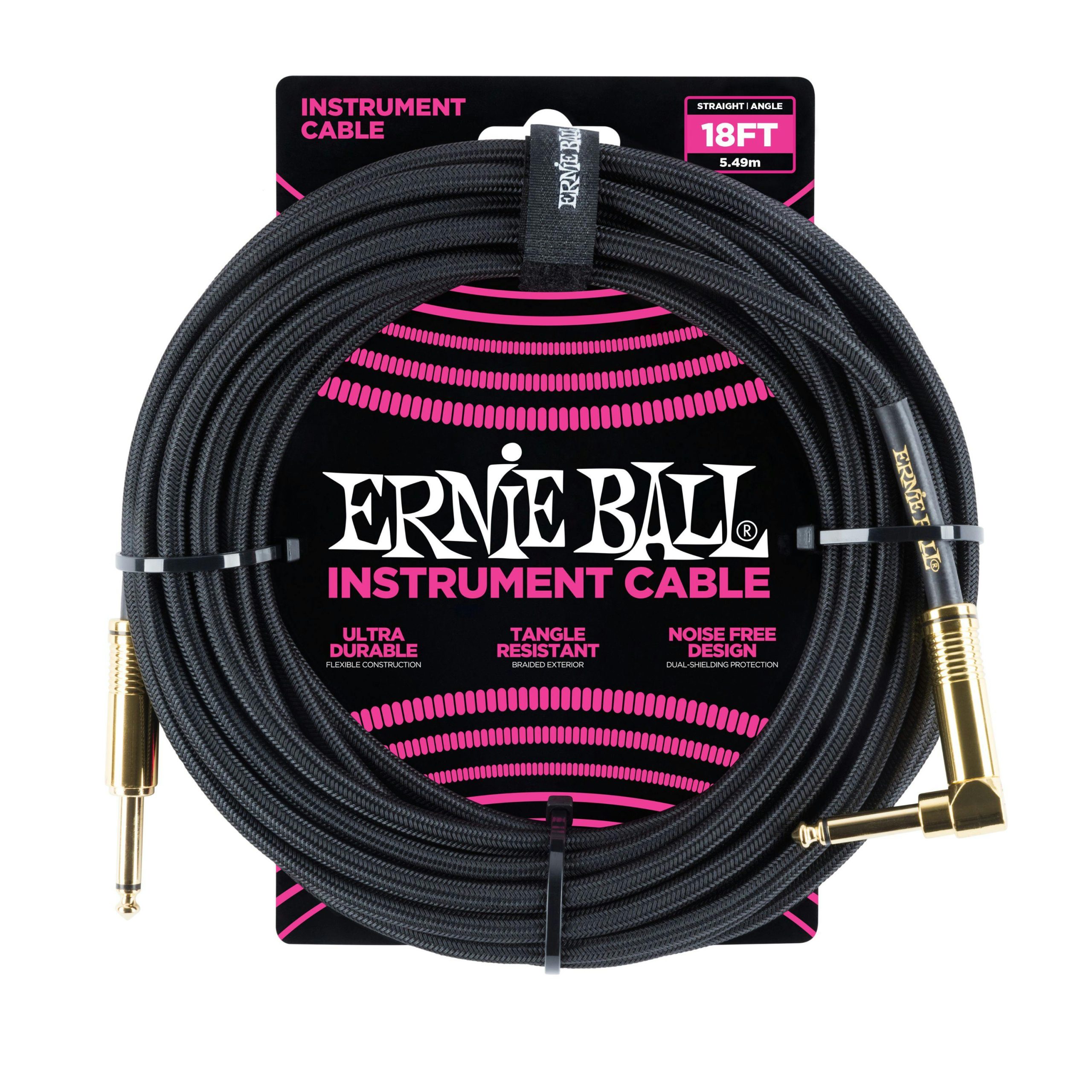 Ernie Ball 18 Braided ft Guitar Cable in Black with Straight Jack to Angled Jack in stock