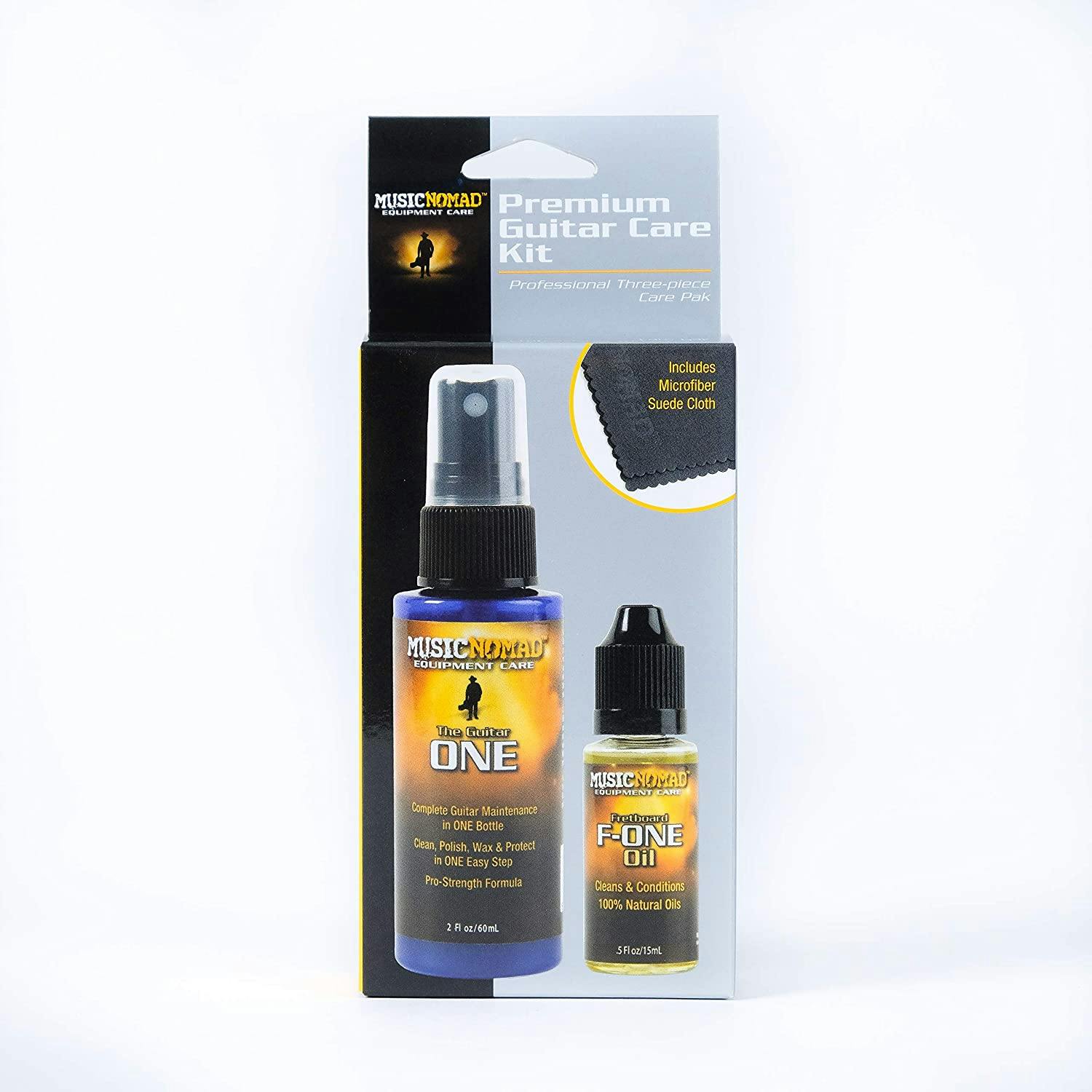 MusicNomad Premium Guitar Care Kit 3 Pak Guitar One 2 oz F ONE 1/2 oz Microfiber Cloth in stock