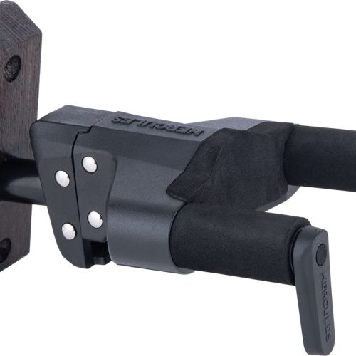Hercules Guitar Hanger with brown Wood Block Wall Mount in stock