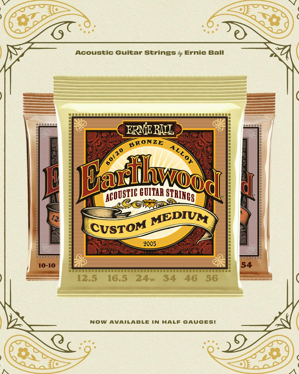 Ernie Ball Earthwood Custom Med Phos Bronze Acoustic Guitar Strings 12.5-56 Gauge in stock