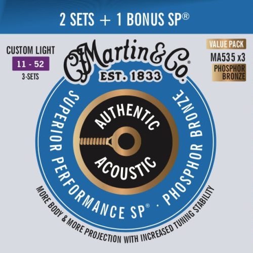 Martin Authentic Acoustic Superior Performance Phosphor Bronze 3 Pack Strings Custom Light 11 - 52 in stock