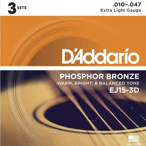 D'Addario EJ15 3 Pack Phosphor Bronze 10-47 Extra Light Set in stock