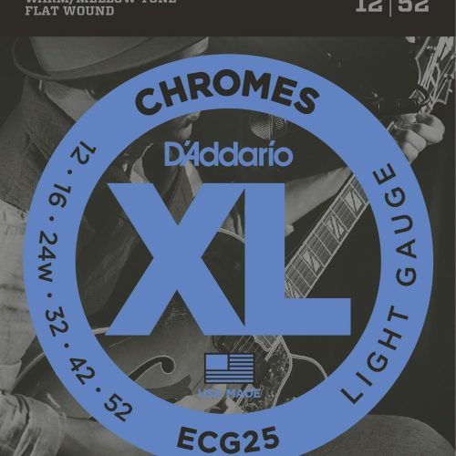 D'Addario ECG25 XL Chromes Flatwound 12-52 Light Electric Guitar Strings in stock