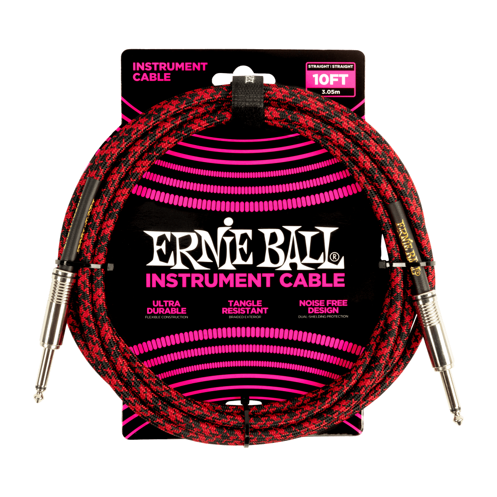 Ernie Ball Braided Instrument Cable Straight/Straight 10ft in Red/Black in stock