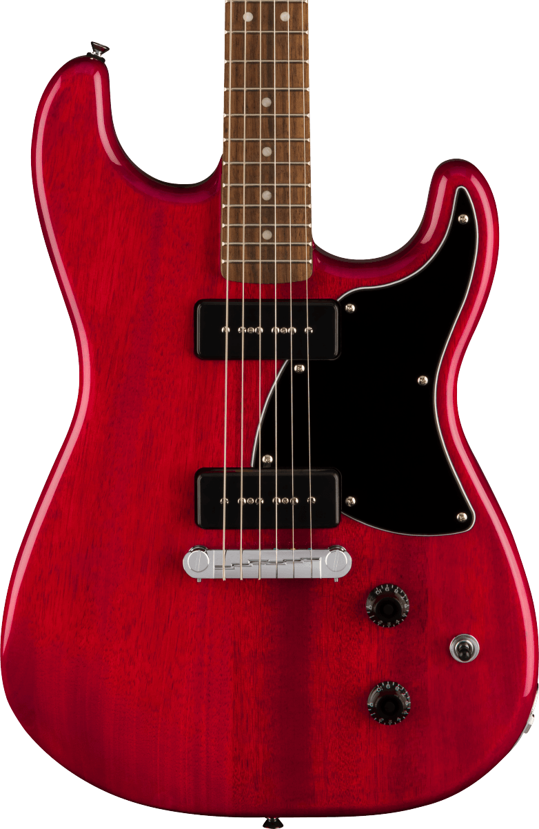 Squier Paranormal Strat-O-Sonic Electric Guitar in Crimson Red Transparent in stock