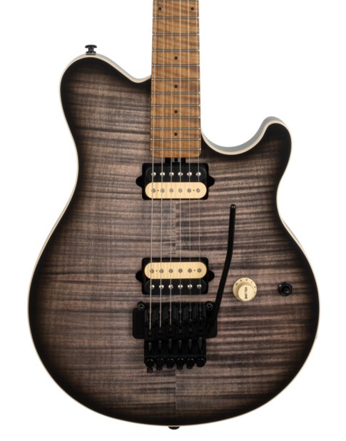 Music Man Axis - Charcoal Cloud Flame Top (satin) - Roasted Figured Maple Neck & fretboard - Black Hardware in stock - Image 1