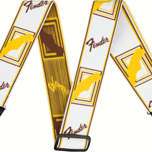 Fender Weighless 2 inch Monogrammed Strap, White/Brown/Yellow in stock