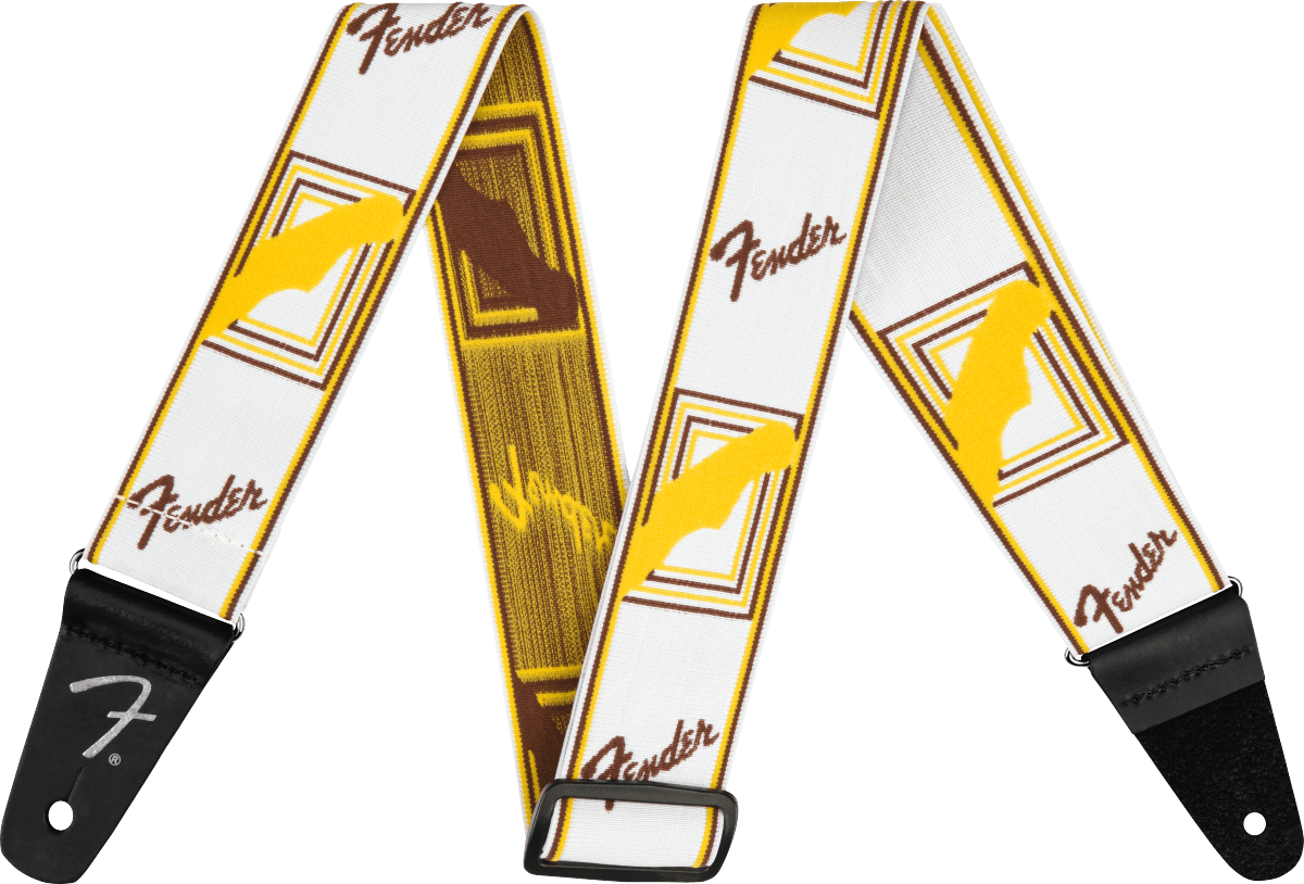 Fender Weighless 2 inch Monogrammed Strap, White/Brown/Yellow in stock