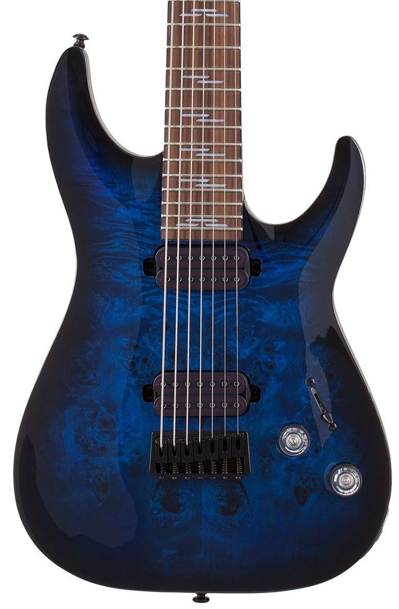 Schecter Omen Elite 7 in See Thru Blue Burst in stock