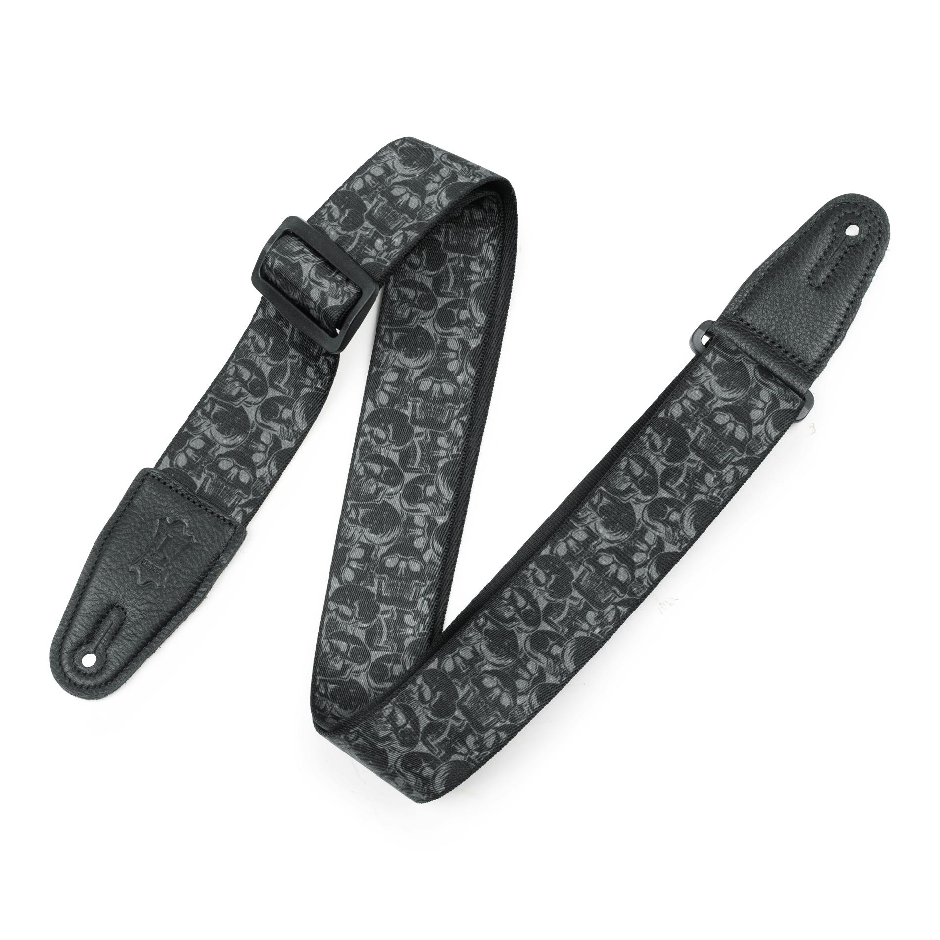 Levy Prints Polyester Guitar Strap in Black & Grey Skulls in stock