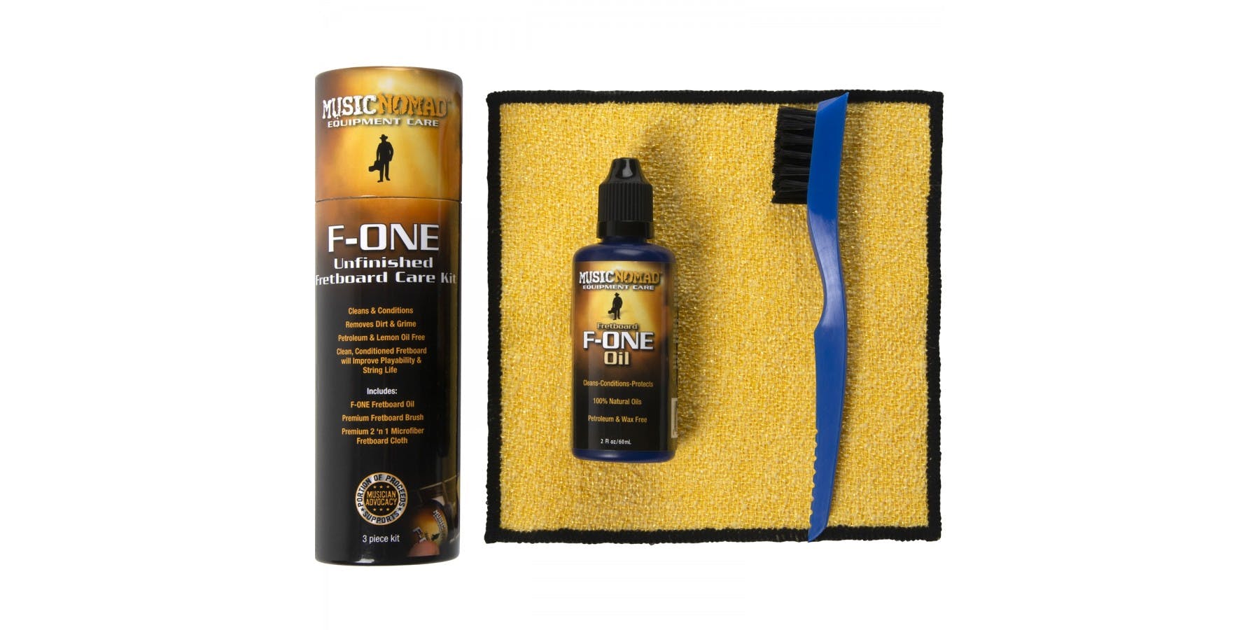 MusicNomad F ONE Unfinished Fretboard Care Kit Oil Brush Cloth in stock