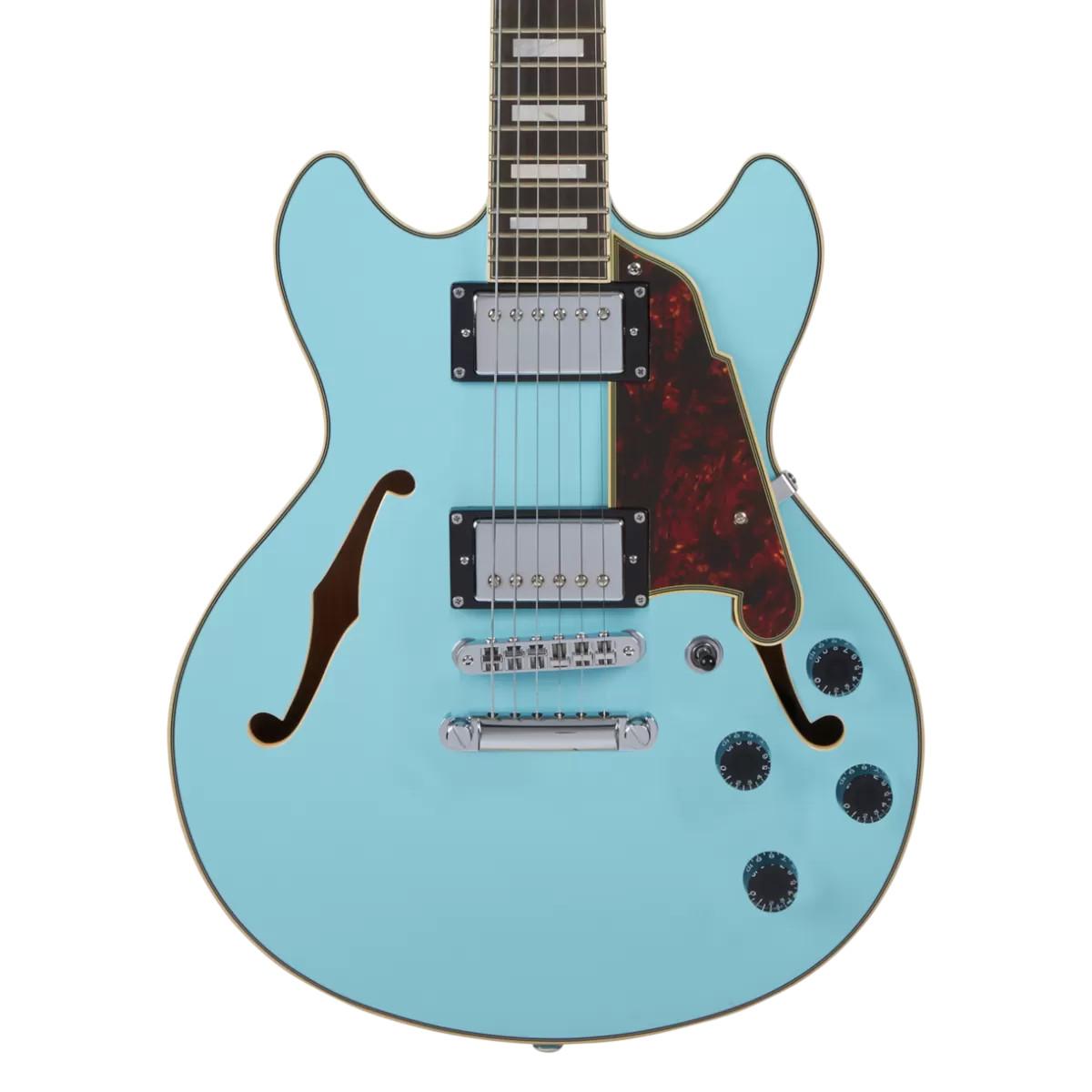 D'Angelico Premier Mini DC Mini Double Cutaway Electric Guitar in Sky Blue with Stopbar Tailpiece in stock